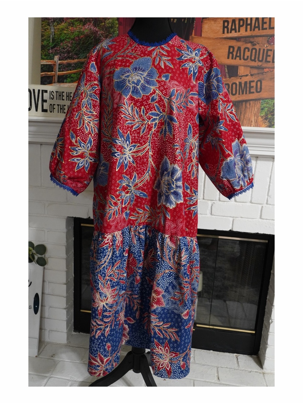 Floral Red and Blue Midi BATIK Dress